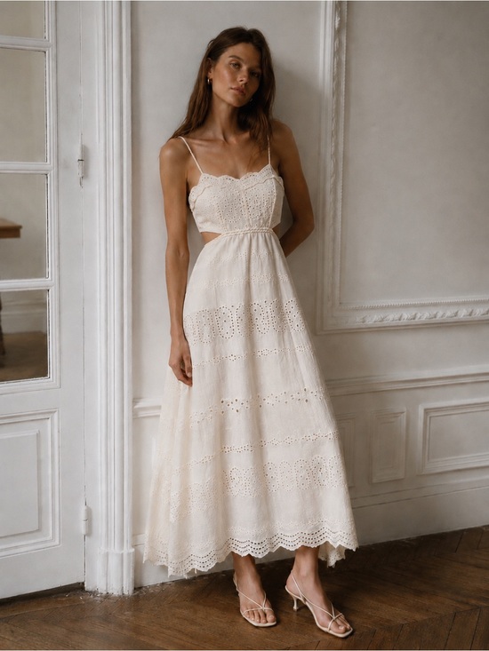Mango Dresses & Skirts - Mango cream eyelet cotton embroidered tie back midi dress